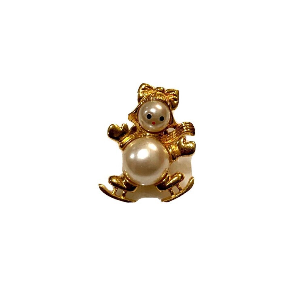 CAROLEE GOLD 1.25" FAUX PEARL SNOWMEN BOY GIRL SKATING Pin Brooch 1990S LOT 2 LN - Picture 9 of 10